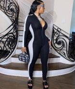 Black Long Sleeve Zipper Deep V-Neck Bodycons Sexy Jumpsuit