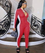 Red Long Sleeve Zipper Deep V-Neck Bodycons Sexy Jumpsuit