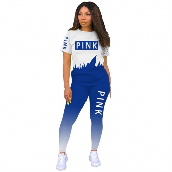 Blue Short Sleeve Printed PINK 2PCS Sports Dress
