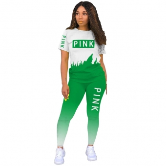Green Short Sleeve Printed PINK 2PCS Sports Dress