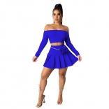 Blue Off-Shoulder Long Sleeve 2PCS Sexy Pleated Skirt Sets