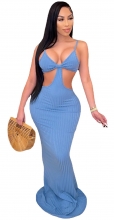 Blue Sleeveless V-Neck Halter Women Sexy Maxi Dress
