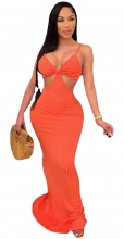 Orange Sleeveless V-Neck Halter Women Sexy Maxi Dress