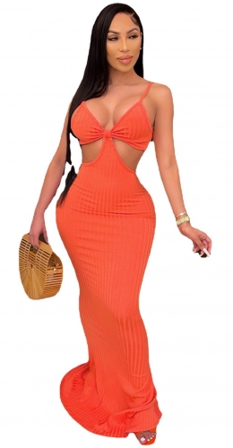 Orange Sleeveless V-Neck Halter Women Sexy Maxi Dress