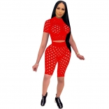 Red Short Sleeve Hollow-out 2PCS Bandage Romper Sets