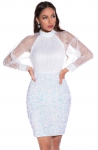 White Mesh Long Sleeve V-Neck Sequins Sexy Mini Dress
