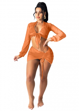 Orange Long Sleeve V-Neck Mesh 2PCS Women Clubwear