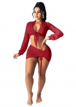 Red Long Sleeve V-Neck Mesh 2PCS Women Clubwear