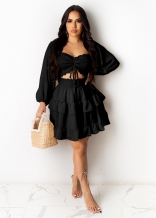 Black Long Sleeve V-Neck Chiffion Women Skirt Dress