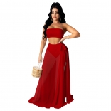 Red Sleeveless Off-Shoulder Mesh 3PCS Maxi Dress