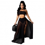 Black Sleeveless Off-Shoulder Mesh 3PCS Maxi Dress