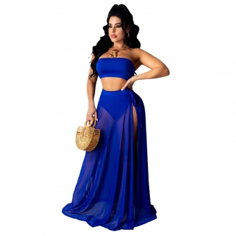 Blue Sleeveless Off-Shoulder Mesh 3PCS Maxi Dress
