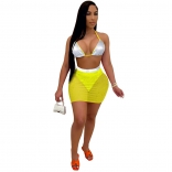 Yellow Sleeveless Mesh Sequins Women 3PCS Sexy Mini Dress