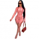 Pink Long Sleeve Bandage Hollow-out Sexy Rompers