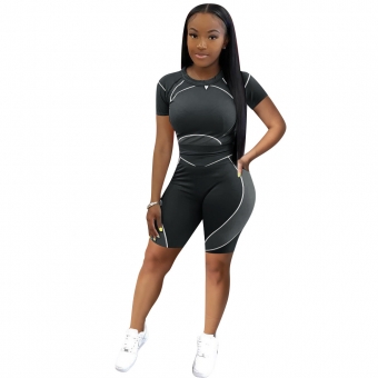 Black Short Sleeve O-Neck 2PCS Women Sports Jumpsuit