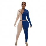 Blue Long Sleeve Zipper V-Neck 2PCS Women Sports Dress