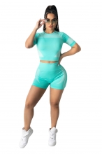LightBlue Short Sleeve O-Neck Women Short Sets