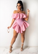 Pink Off-Shoulder Women Club Sexy Pleated Skirt