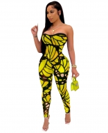 Yellow Off-Shoulder Low-Cut Printed Women Sexy Jumpsuit