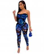 Blue Off-Shoulder Low-Cut Printed Women Sexy Jumpsuit