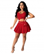 Red Sleeveless V-Neck Women Pleated Skirt Dress