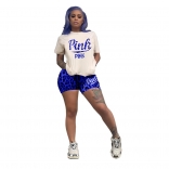 Blue Short Sleeve Printed 2PCS Women Sport Short Sets