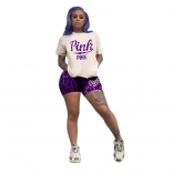 Purple Short Sleeve Printed 2PCS Women Sport Short Sets