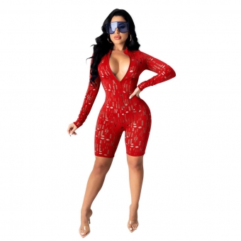 Red Long Sleeve Hollow-Out V-Neck Women Rompers