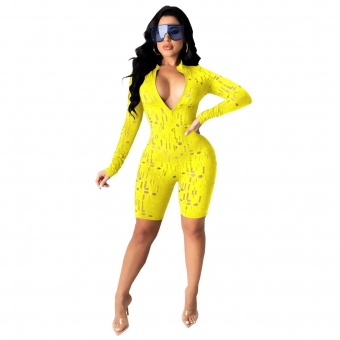 Yellow Long Sleeve Hollow-Out V-Neck Women Rompers