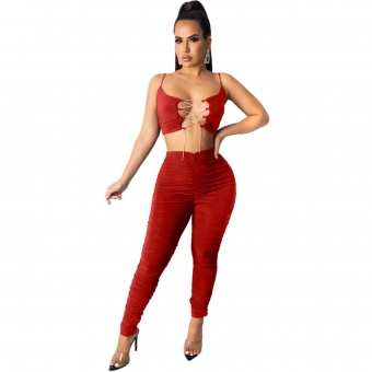 Red Sleeveless Halter V-Neck Lace-up Women Sexy Jumpsuit