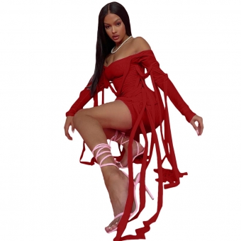 Red Long Sleeve Boat-Neck Bandage Women Mini Dress