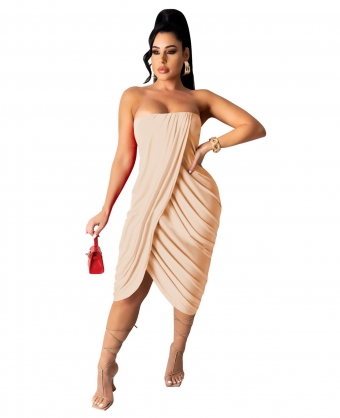 Beige Off-Shoulder Sleeveless Women Fashion Midi Dress