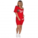 Red Short Sleeve Printed 2PCS Women Sports Sets