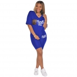 Blue Short Sleeve Printed 2PCS Women Sports Sets