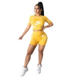 Yellow Short Sleeve Printed O-Neck Women Sports Sets