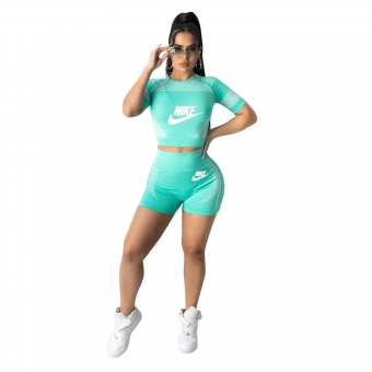 Blue Short Sleeve Printed O-Neck Women Sports Sets