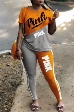 Orange Short Sleeve O-Neck Printed 2PCS Women Sports Dress