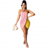 Pink Off-Shoulder Sleeveless Slited Fold Mini Dress