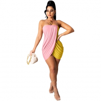 Pink Off-Shoulder Sleeveless Slited Fold Mini Dress