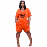 Orange Short Sleeve V-Neck Printed Fashion Rompers