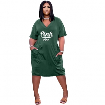 Green Short Sleeve V-Neck Printed Women Clubwear
