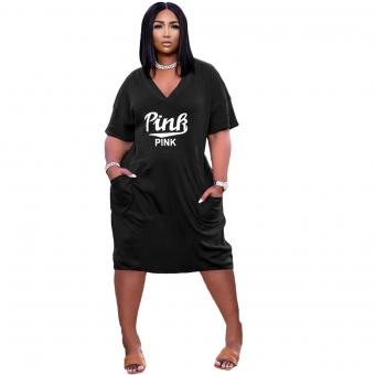 Black Short Sleeve V-Neck Printed Women Clubwear