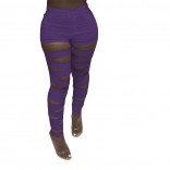 Purple Hollow-out Bandage Women Long Trousers