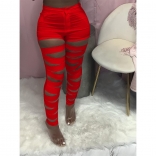 Red Hollow-out Bandage Women Long Trousers