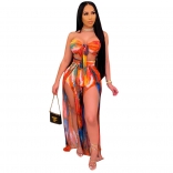 Orange Off-Shoulder Printed 2PCS Slited Women Maxi Dress