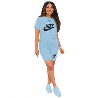 LightBlue Short Sleeve Printed Women Fashion 2PCS Sports Dress