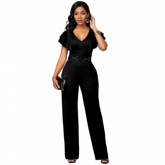 Black Foral Sleeveless V-Neck Bodycons Women Sexy Jumpsuit
