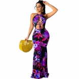 Purple Sleeveless V-Neck Hollow-out Printed Women Maxi Dress