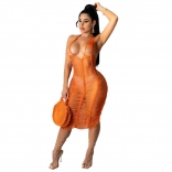 Orange Sleeveless Hollow-out V-Neck Sexy Clubwear