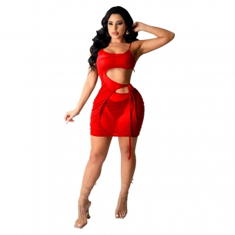 Red Sleeveless Halter Mesh Hollow-out Sexy on Dress